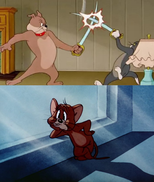 Spike And Tom Fighting while Jerry Is Sad Meme Template